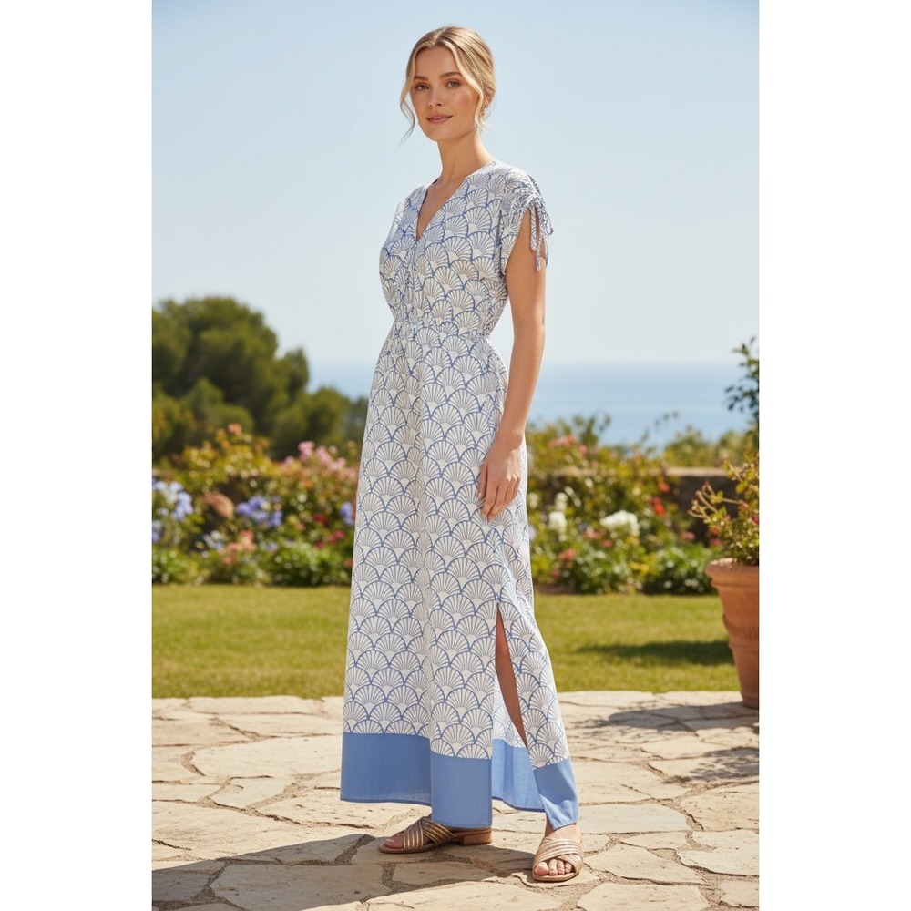 J.McLaughlin Etta Maxi Dress sz L Blue White Deco Shell resort chic beach